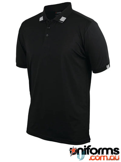 Black stretch polo with white stripes from JBs Podium 4 Stripe SS Stretch Polo, perfect for sun protection