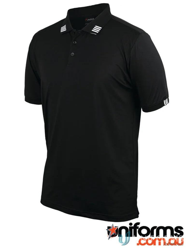 Black stretch polo with white stripes from JBs Podium 4 Stripe SS Stretch Polo, perfect for sun protection
