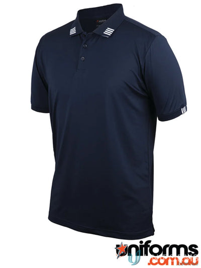 Navy stretch polo shirt with striped collar, perfect for sun protection and casual style