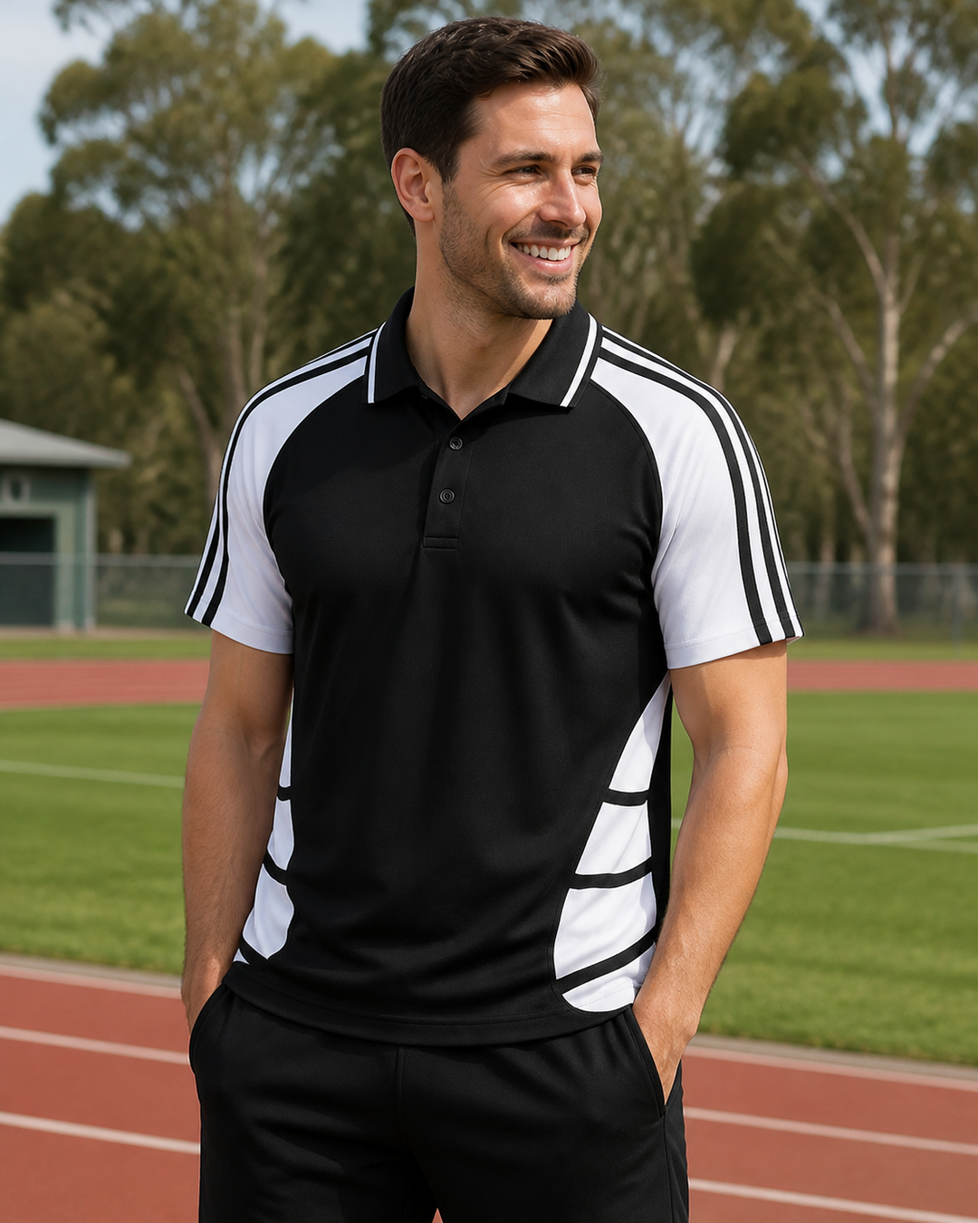 Male model wearing black and white JB's Podium Arachnid Polo
