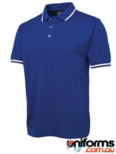 JBs Podium Bold Polo shirt in blue with white trim, made from podium cool quick-drying fabric