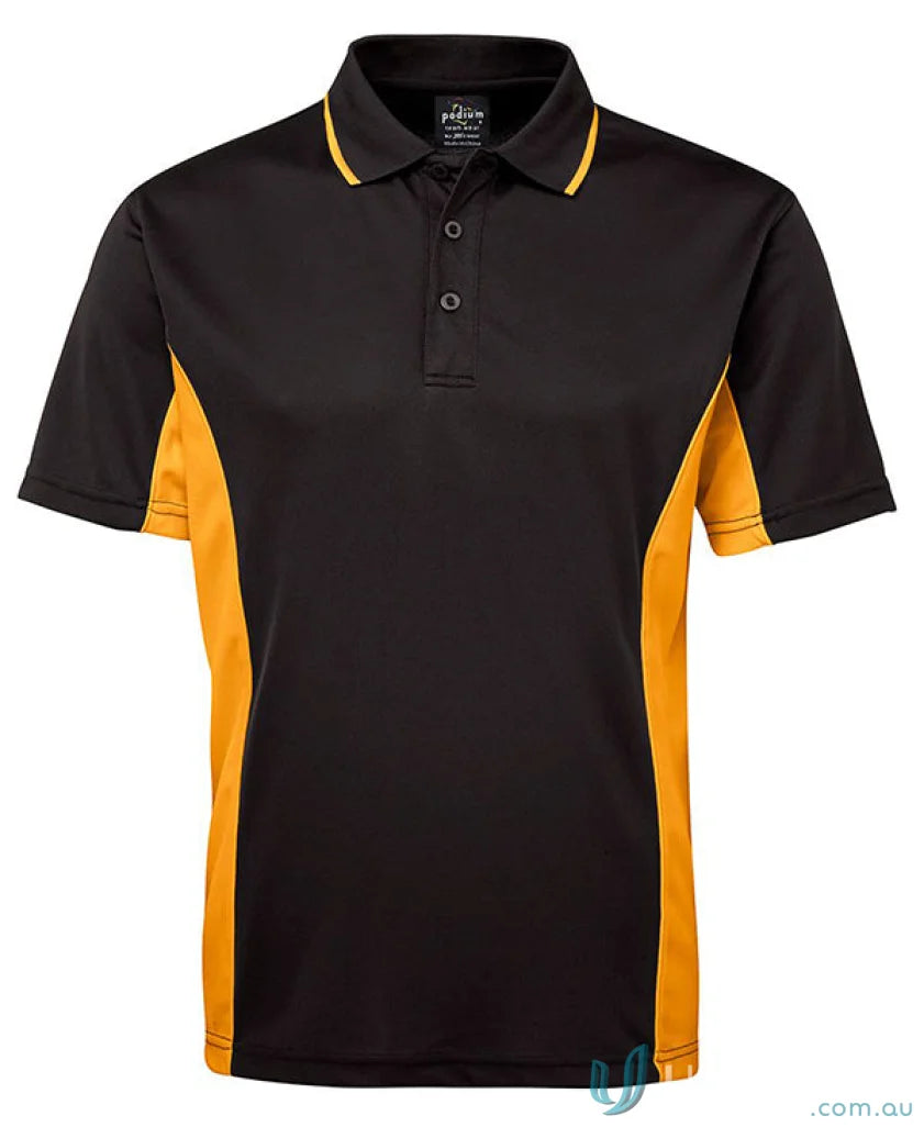 Black and gold JBs Podium Contrast Polo shirt with Podium Cool moisture-wicking tech