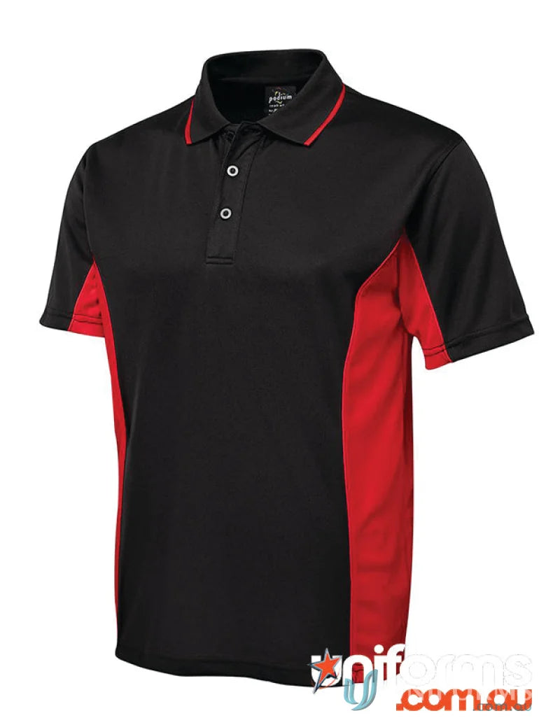 JBs Podium Contrast Polo showing black and red colors with Podium Cool moisture-wicking fabric