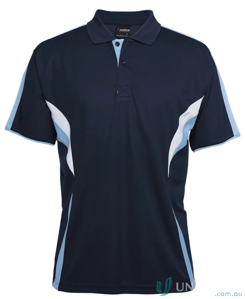 Navy blue JBs Podium Cool Polo with dual-color body panel and moisture-wicking tech