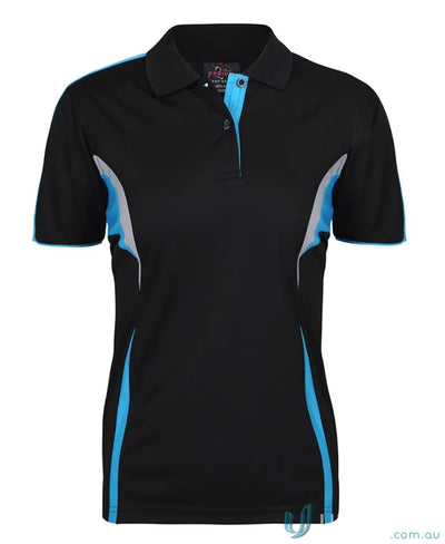 Black and blue womens polo shirt with dual-color body panel and jbs podium cool moisture-wicking tech