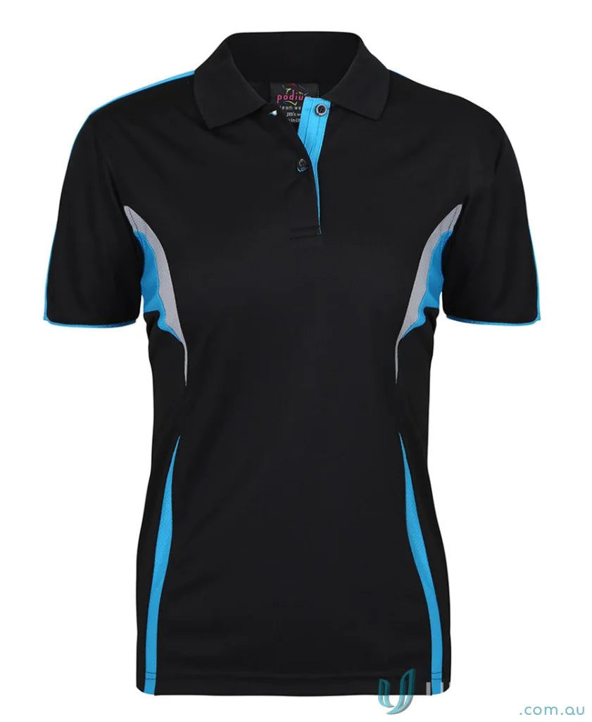 Black and blue womens polo shirt with dual-color body panel and jbs podium cool moisture-wicking tech