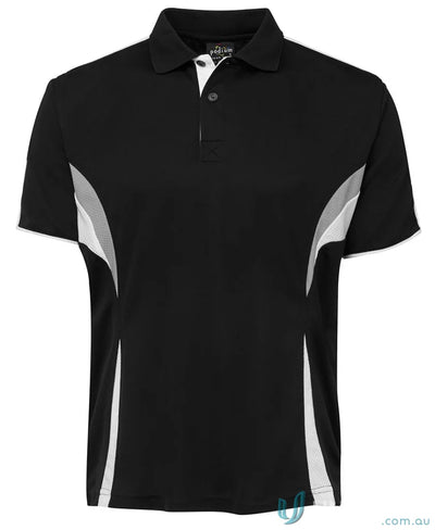Black and white JBs Podium Cool polo with dual-color body panel and moisture-wicking tech