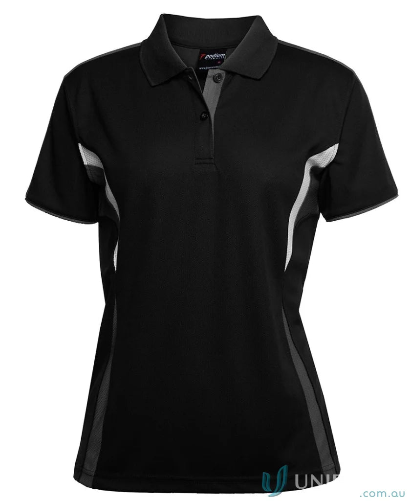 Black and gray womens JBs Podium Cool Polo with dual-color body panel and moisture-wicking tech