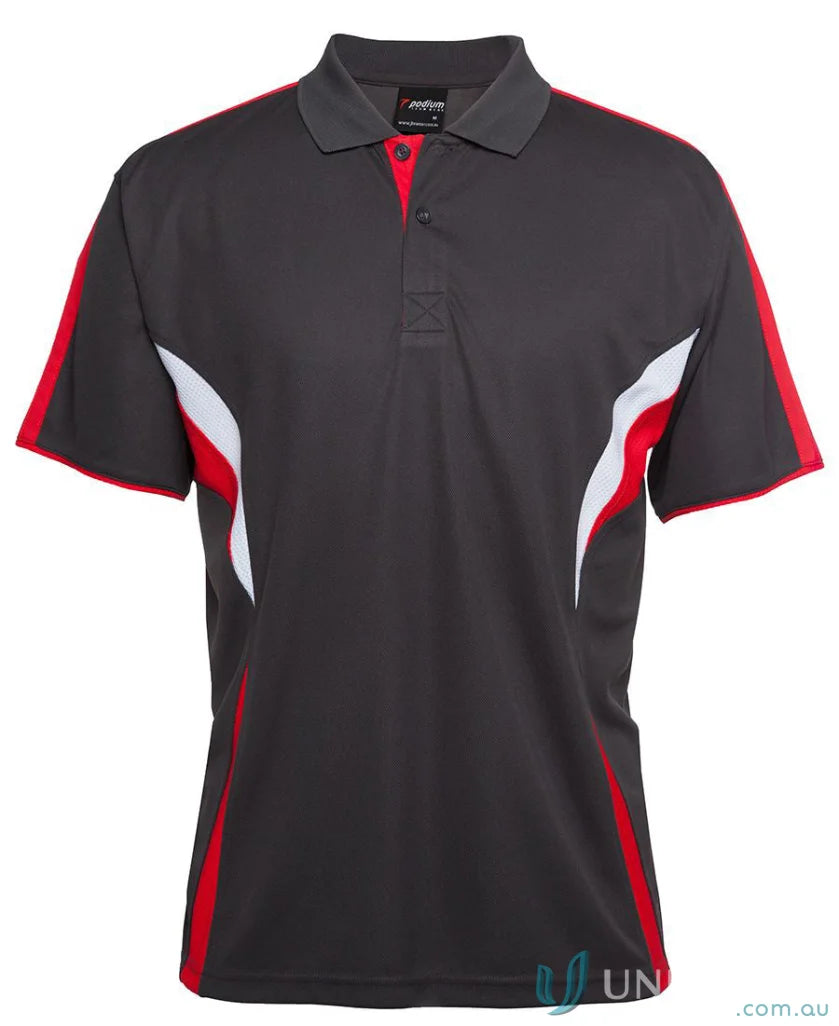 Gray JBs Podium Cool Polo with dual-color body panel and moisture-wicking tech