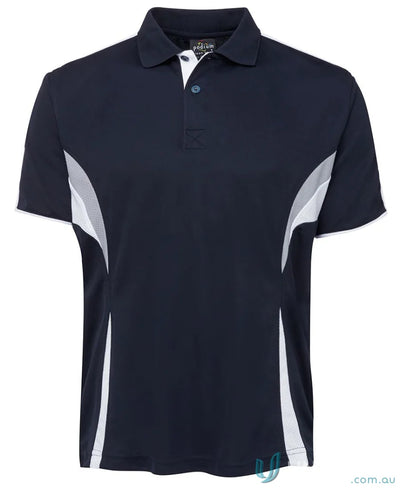 Navy and white polo shirt with dual-color body panel and moisture-wicking tech from JBs Podium Cool