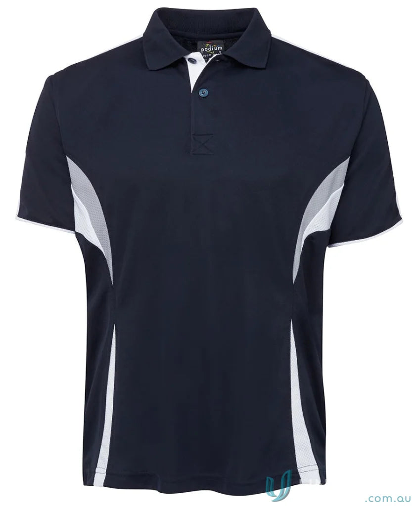 Navy and white polo shirt with dual-color body panel and moisture-wicking tech from JBs Podium Cool