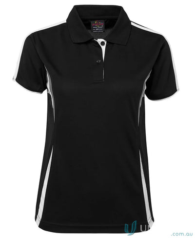 Black and white womens polo featuring dual-color body panel with jbs Podium Cool moisture-wicking tech