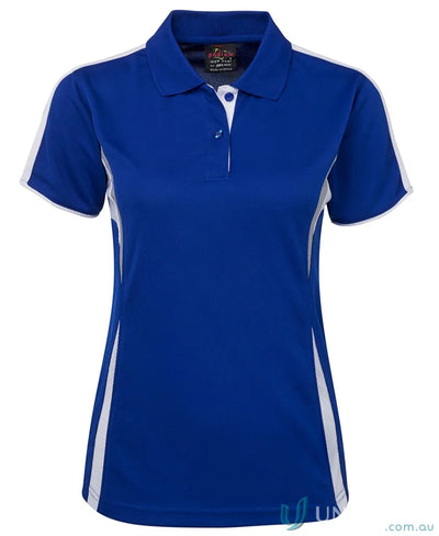 Blue and white womens polo shirt with dual-color body panel and moisture-wicking tech at JBs Podium Cool