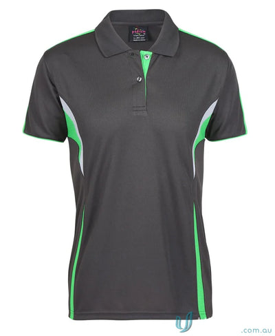 Gray and green womens JBs Podium Cool Polo with dual-color body panel and moisture-wicking tech