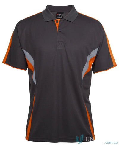 Gray and orange JBs Podium Cool Polo with dual-color body panel and moisture-wicking tech