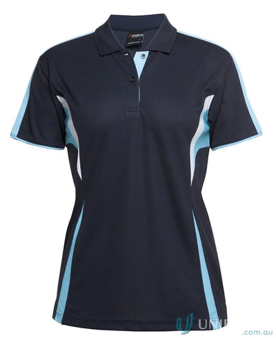 Navy blue and light blue womens polo shirt with dual-color body panel, moisture-wicking JBs Podium Cool