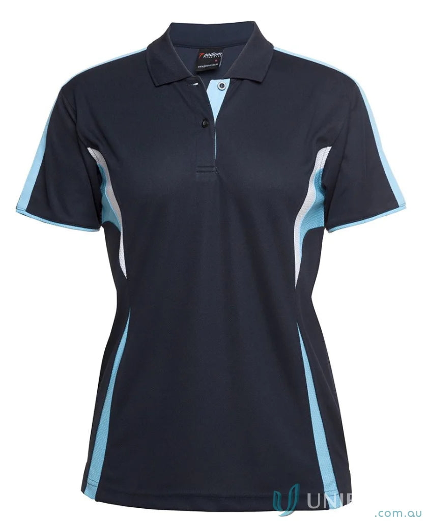 Navy blue and light blue womens polo shirt with dual-color body panel, moisture-wicking JBs Podium Cool