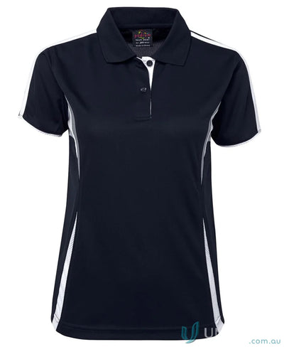Navy and white womens polo shirt with dual-color body panel and moisture-wicking tech by JBs Podium Cool