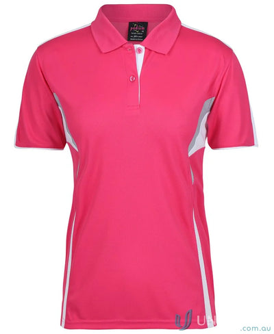 Pink JBs Podium Cool polo with dual-color body panel and moisture-wicking tech
