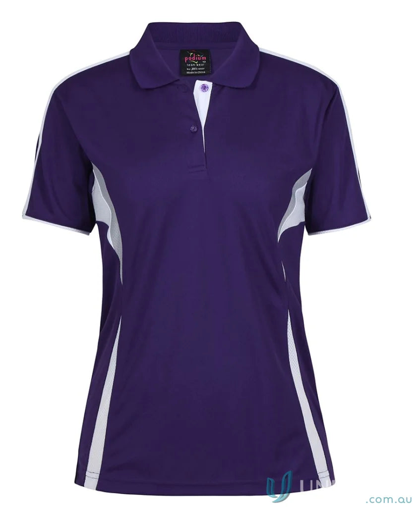 Purple and white JBs Podium Cool polo with dual-color body panel and moisture-wicking tech