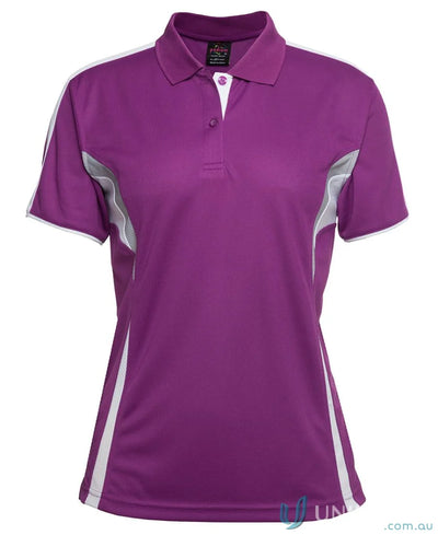 Purple and white womens polo shirt with dual-color body panel and moisture-wicking tech at JBs Podium Cool
