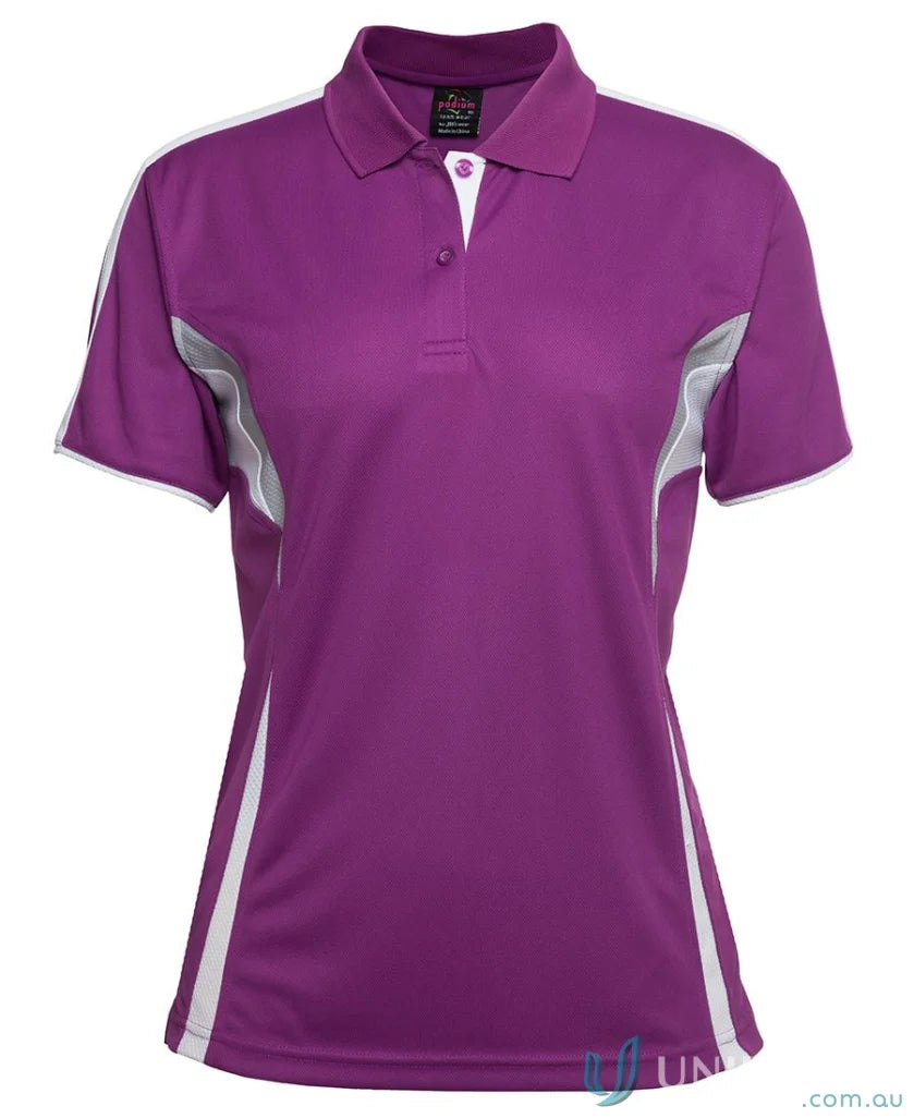 Purple and white womens polo shirt with dual-color body panel and moisture-wicking tech at JBs Podium Cool