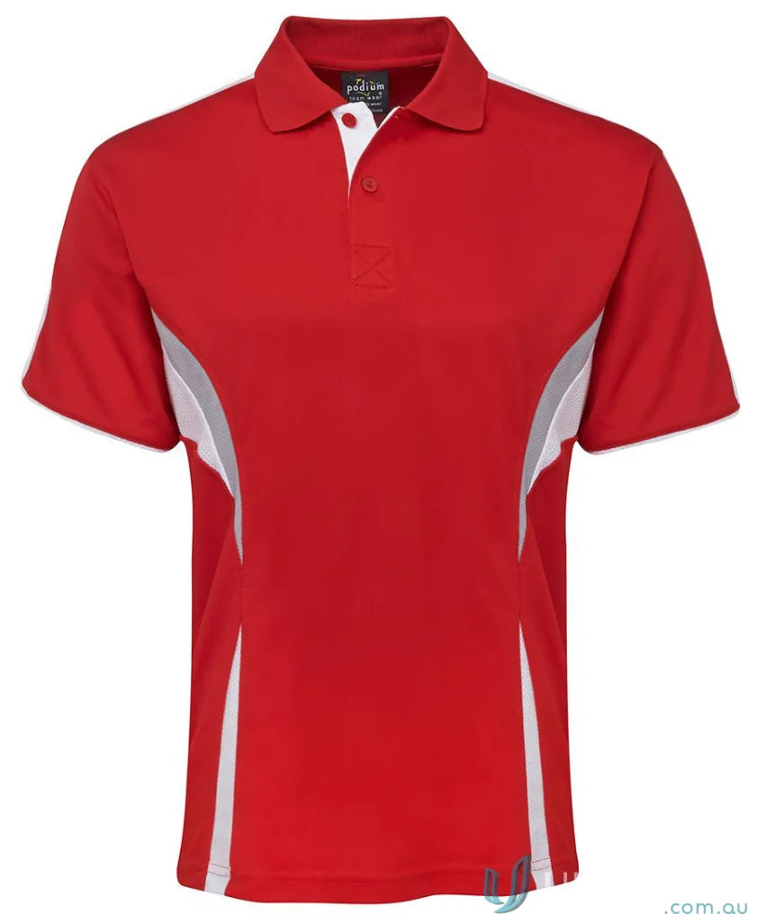 Red and white JBs Podium Cool polo with dual-color body panel and moisture-wicking tech