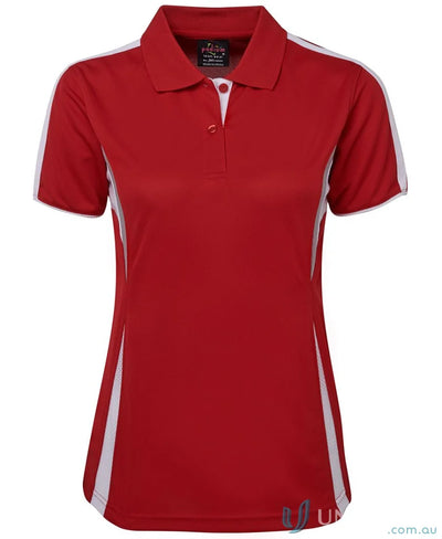 Red and white womens polo shirt with dual-color body panel and JBs Podium Cool tech