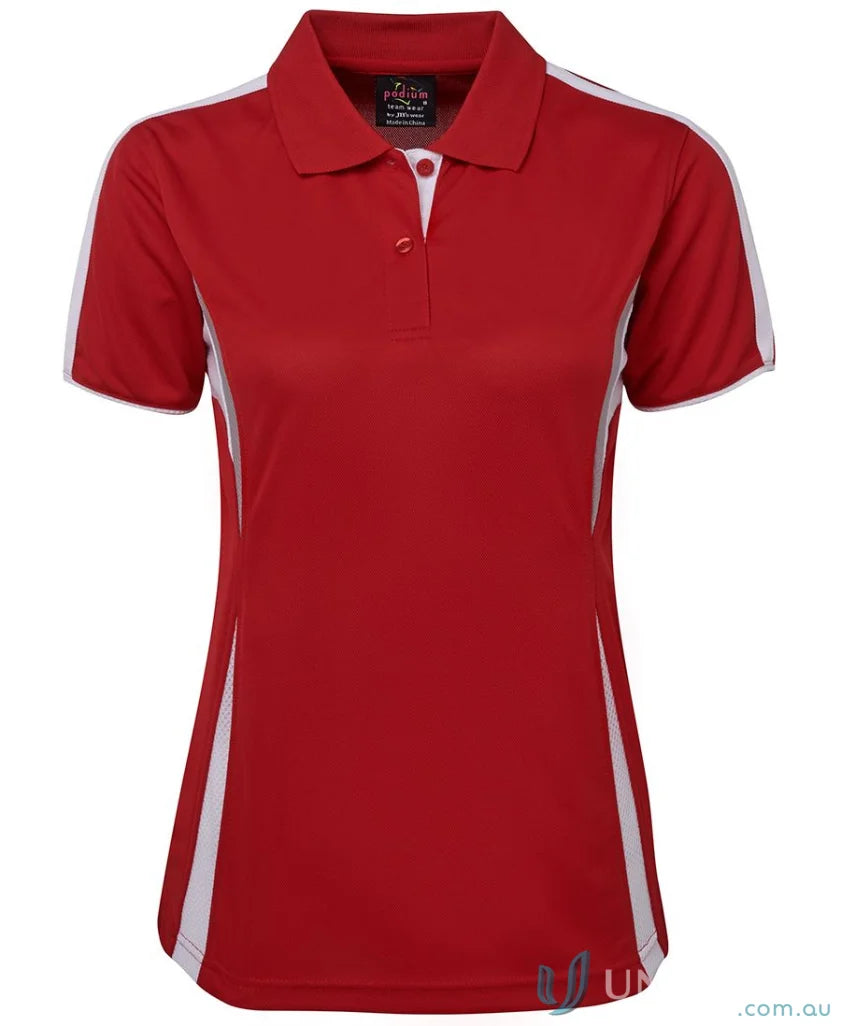 Red and white womens polo shirt with dual-color body panel and JBs Podium Cool tech