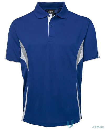 Blue and gray polo shirt with dual-color body panel and moisture-wicking tech by JBs Podium Cool