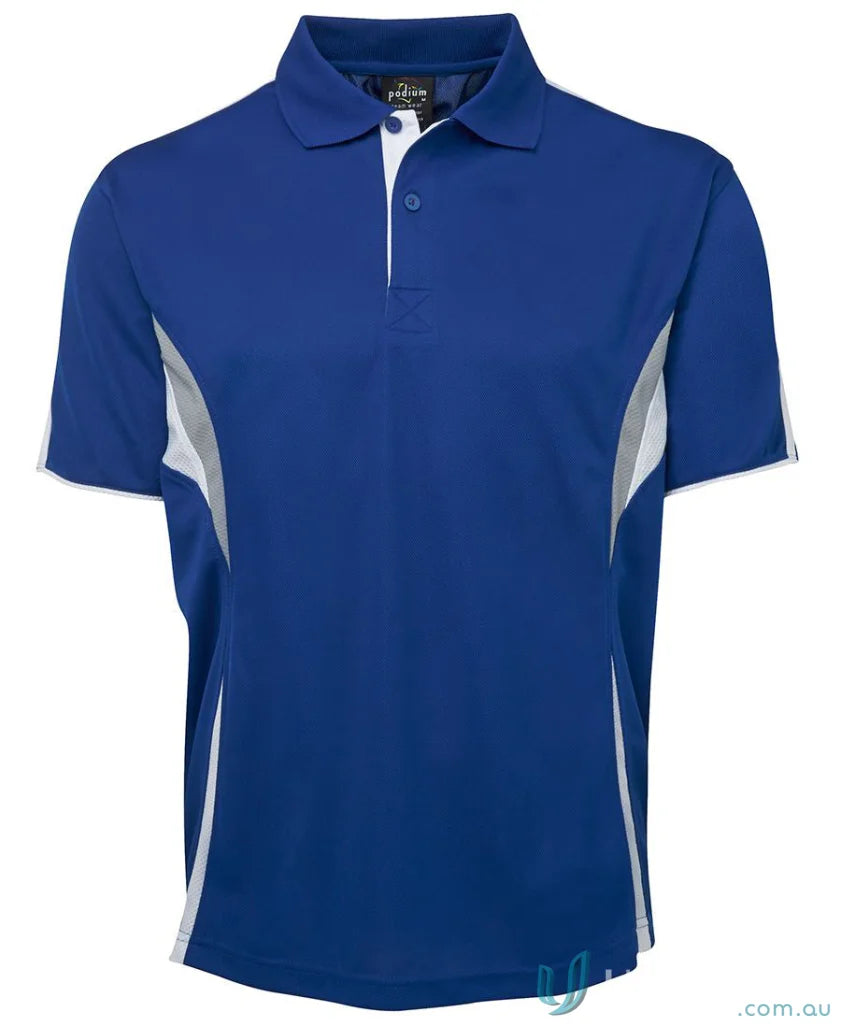 Blue and gray polo shirt with dual-color body panel and moisture-wicking tech by JBs Podium Cool