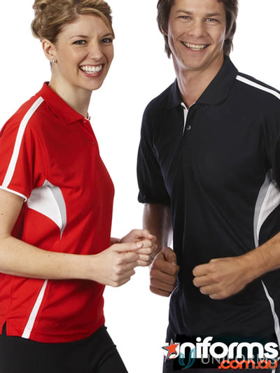 Two people wearing JBs Podium Cool polo shirts with dual-color body panels and moisture-wicking tech