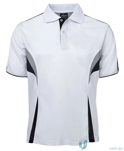 White JBs Podium Cool polo with dual-color body panel and moisture-wicking tech