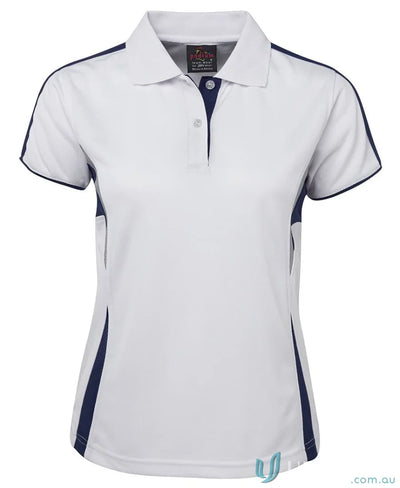 White and navy JBs Podium Cool Polo with dual-color body panel and moisture-wicking tech
