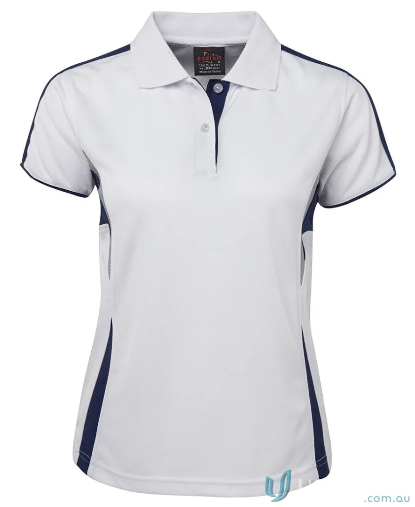 White and navy JBs Podium Cool Polo with dual-color body panel and moisture-wicking tech