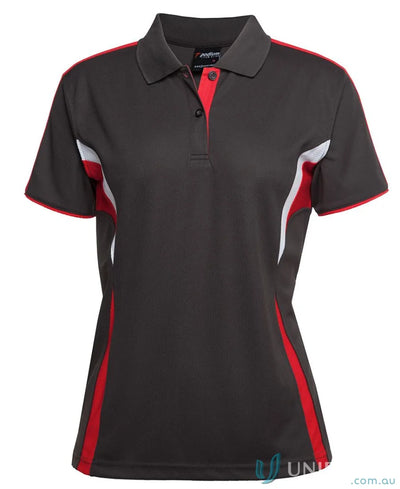 Womens gray JBs Podium Cool Polo with dual-color body panel and moisture-wicking tech
