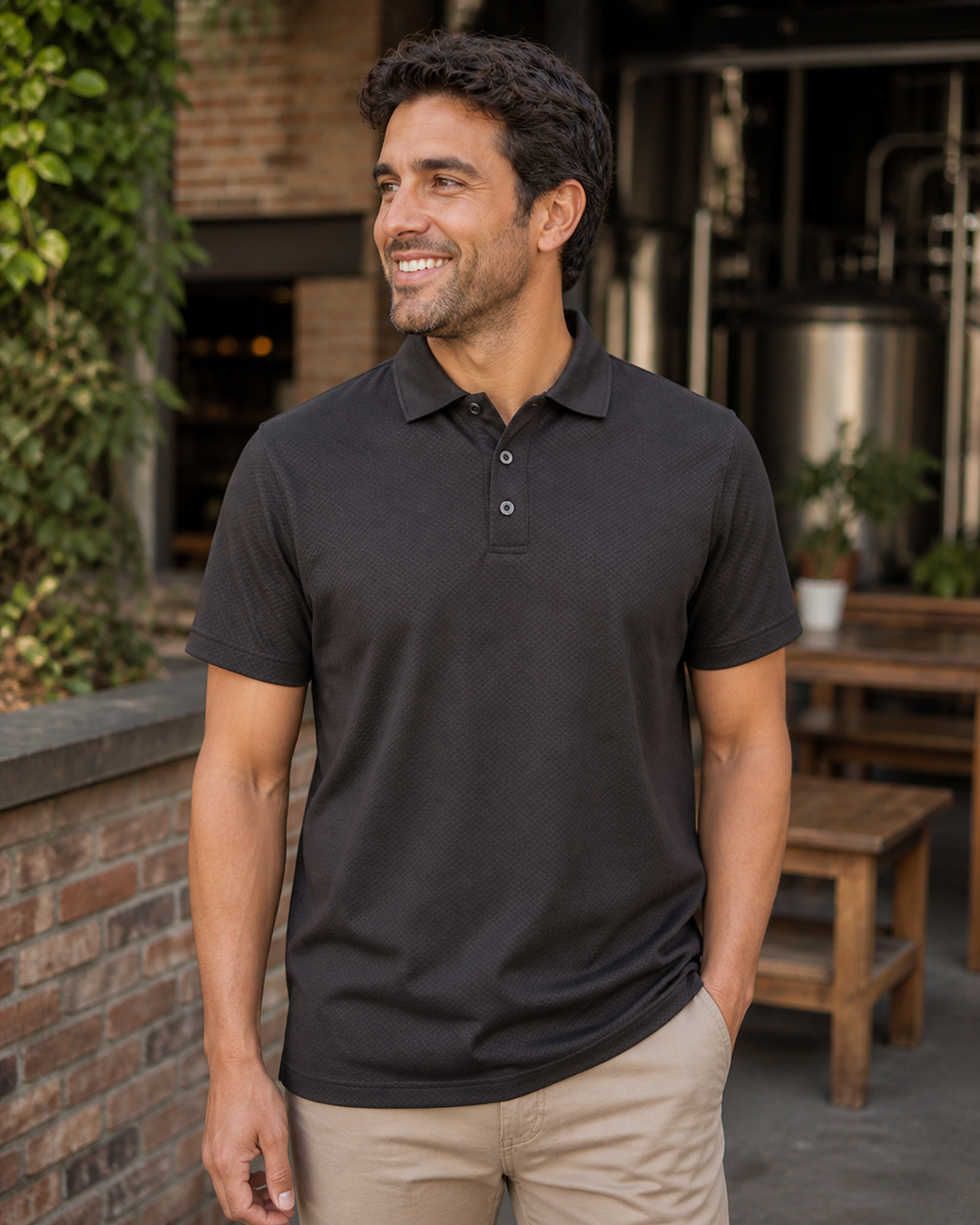 Male model wearing charcoal JB's Podium Cotton Back Yardage Polo