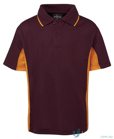 Maroon and gold JBs Podium Kids Contrast Polo shirt for boys or girls