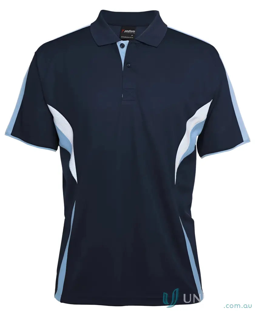Navy blue JB’s Podium Ladies Cool Polo shirt with light blue and white accents for staying cool