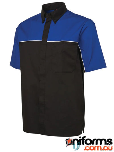 JBs Podium Moto Shirt offers a short-sleeved polo with black, blue, and white stripes