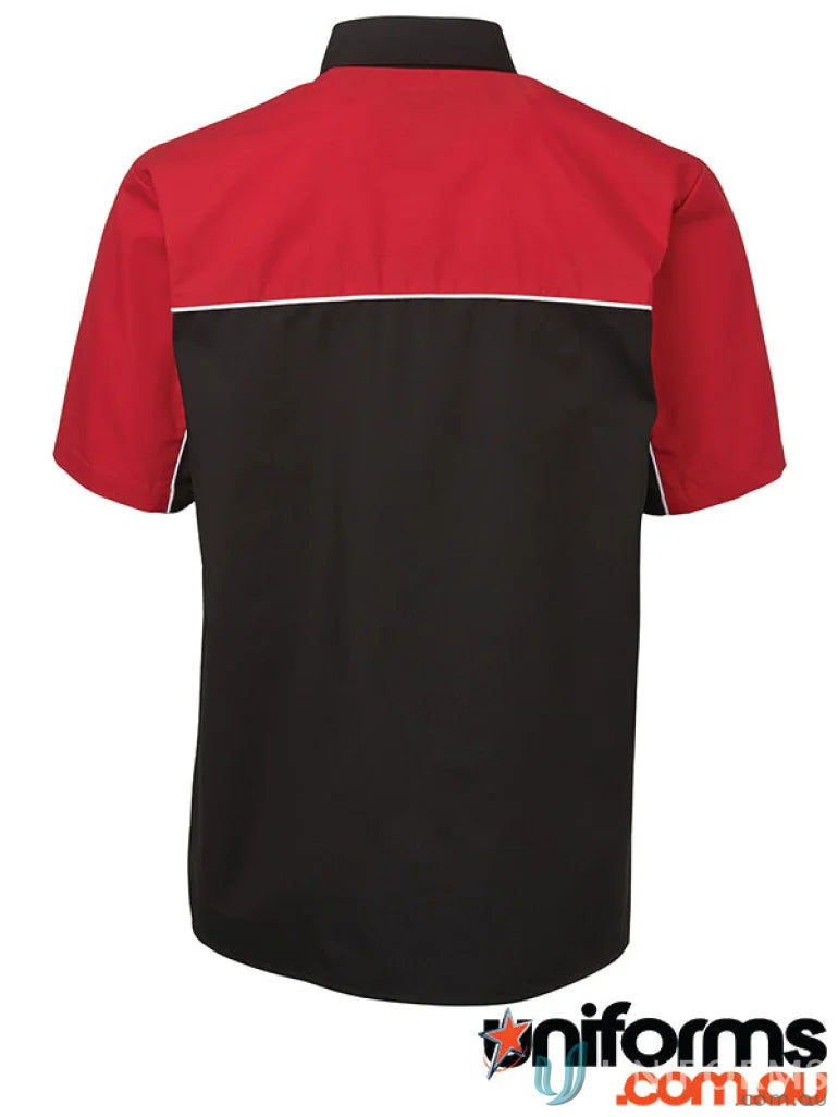 JBs Podium Moto Shirt offers a short-sleeved work shirt with black, red, and white details