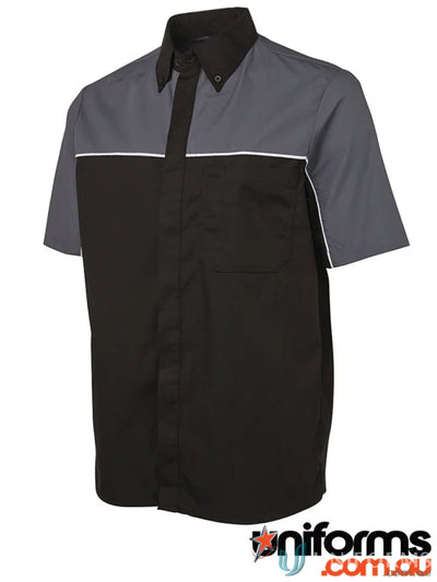 JBs Podium Moto Shirt offers a black and grey short-sleeved work shirt with white stripe
