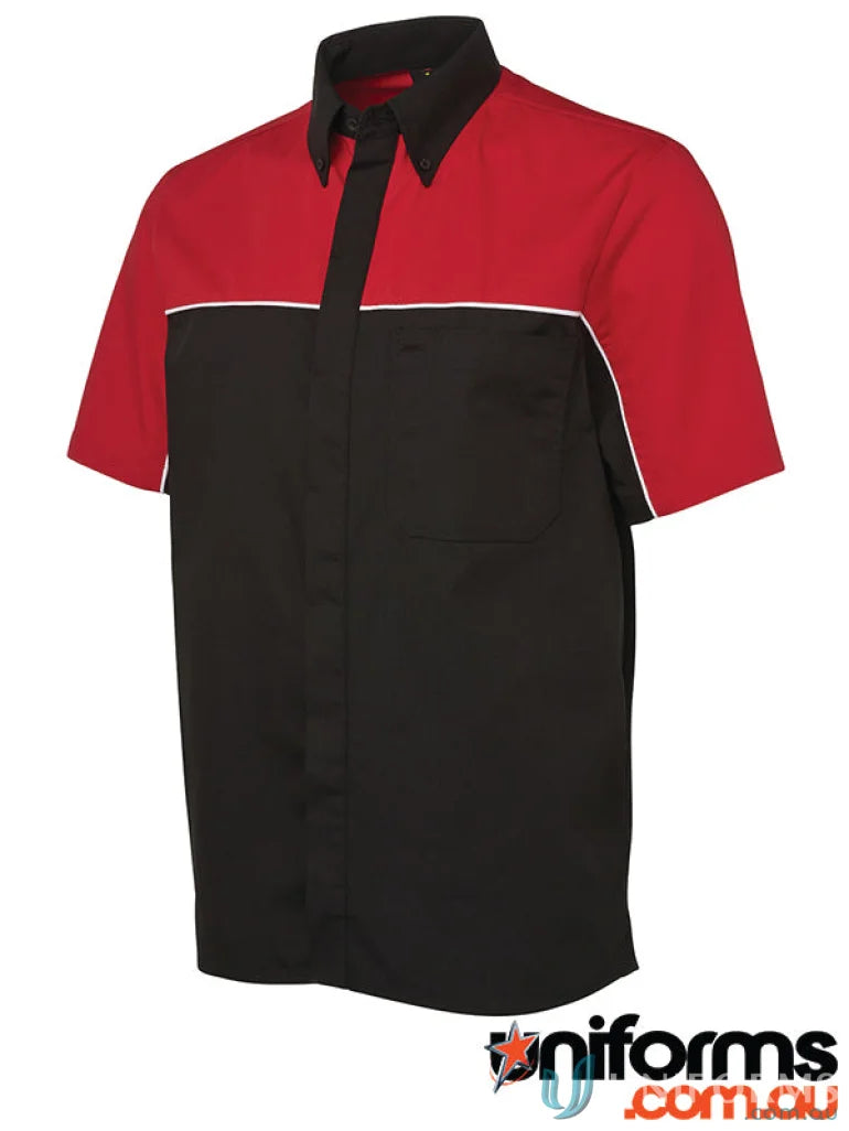 JBs Podium Moto Shirt offers a short-sleeved black and red work shirt with white stripe