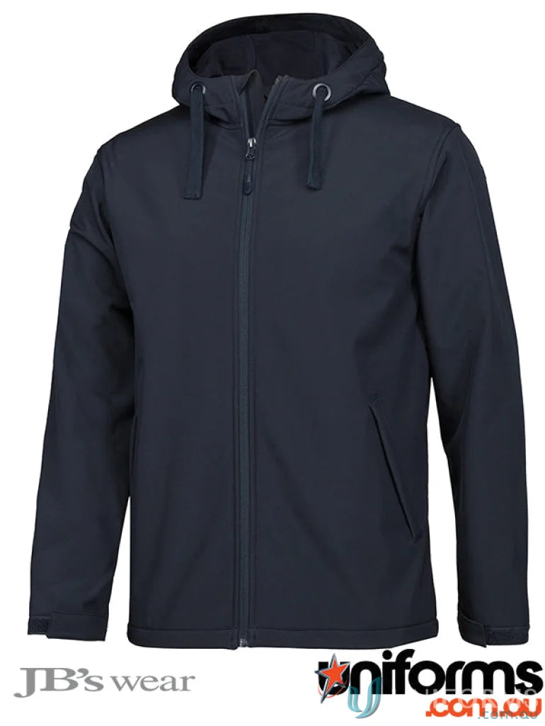 Navy blue JB’s Podium Three Layer Hooded Softshell Jacket with front zipper and side pockets