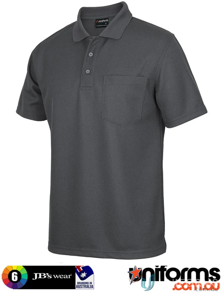Dark gray JB’s Podium Waffle Pocket Polo with short sleeves and chest pocket