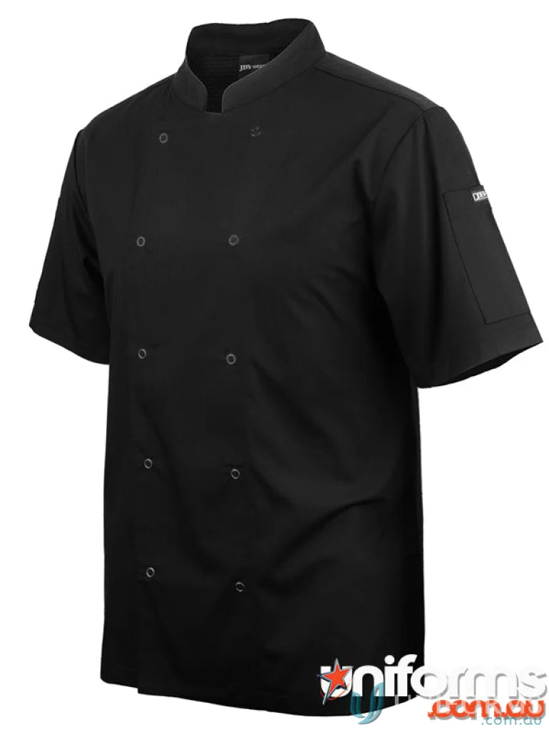 Black short-sleeved snap button chef’s jacket with mesh panels and pen pockets