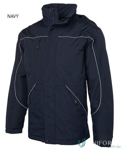 Navy blue JBs Tempest Jacket with white trim and sealed seams for style and durability