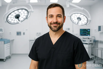 Smiling male surgeon in JBs Unisex Scrubs Top with chest pocket in operating room