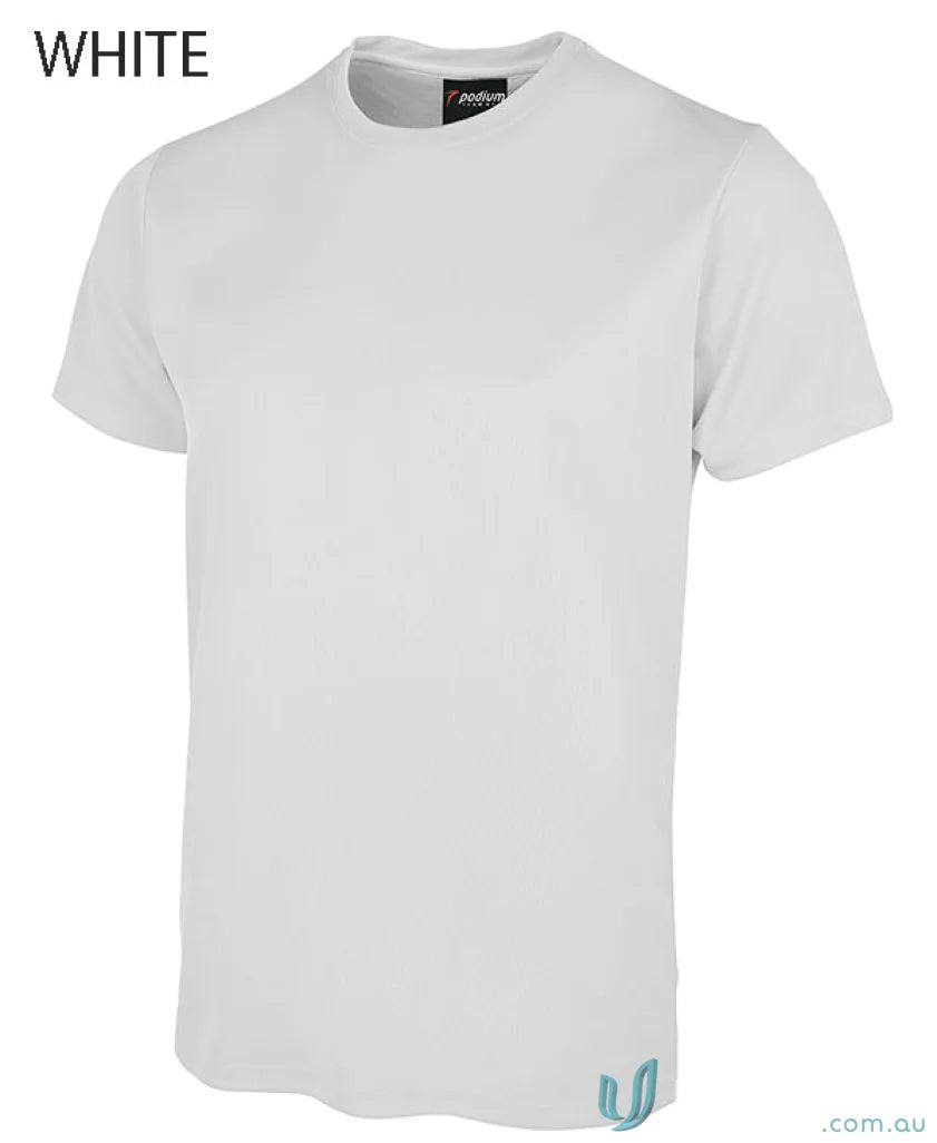 White short-sleeved JBs Wear Podium Poly Tee perfect for podium cool sun protection