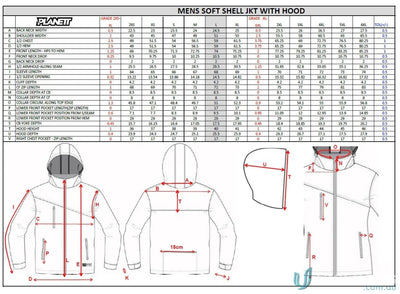 Measurement chart for men's soft shell jacket with hood, including size chart and jacket illustrations.